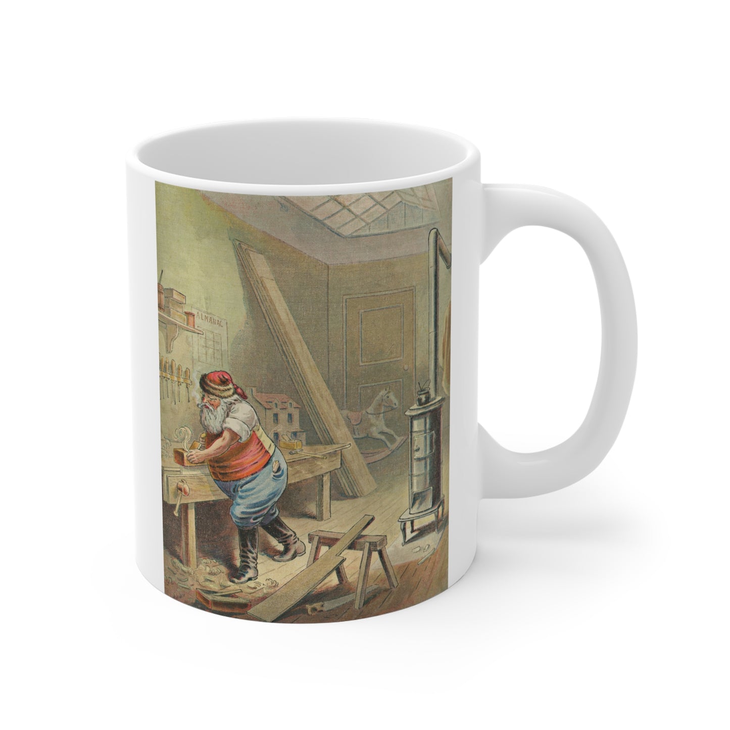 Christmas Woodworker's Shop Art Mug, Unique Gift, Santa Workshop, Cozy Drinkware, Holiday Decor, Christmas Present, Vintage Style