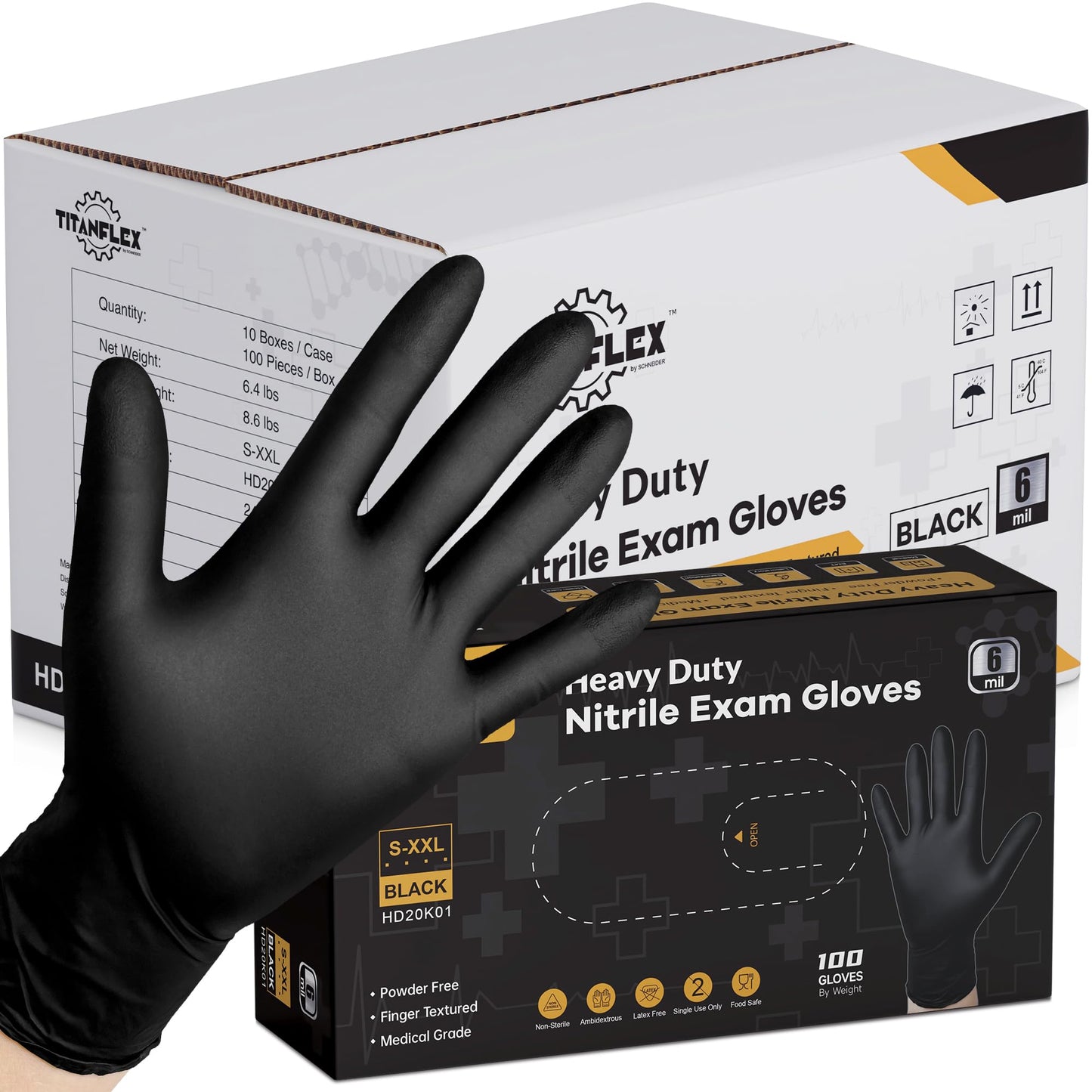 TitanFlex Disposable Nitrile Exam Gloves, 6-mil, Black, Heavy Duty Disposable Gloves, Cooking Gloves, Latex Free, Powder Free