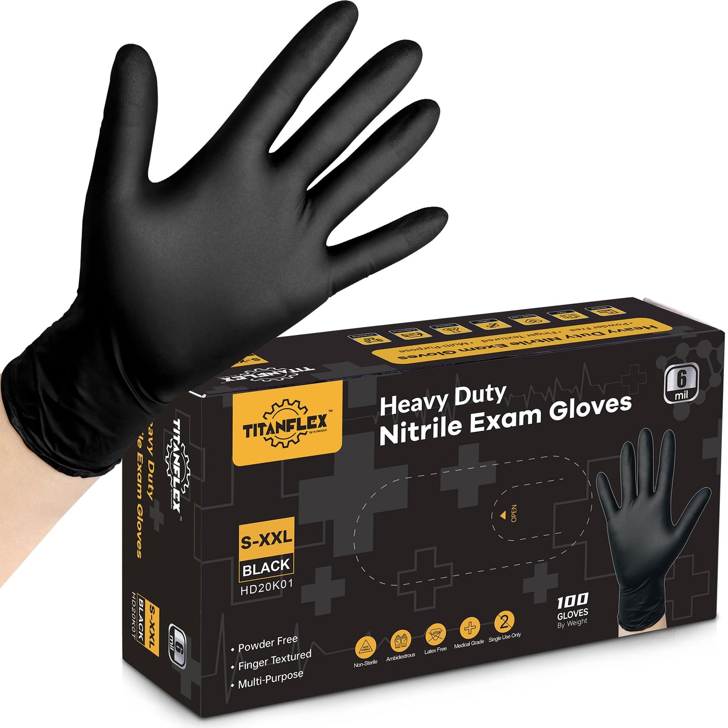 TitanFlex Disposable Nitrile Exam Gloves, 6-mil, Black, Heavy Duty Disposable Gloves, Cooking Gloves, Latex Free, Powder Free