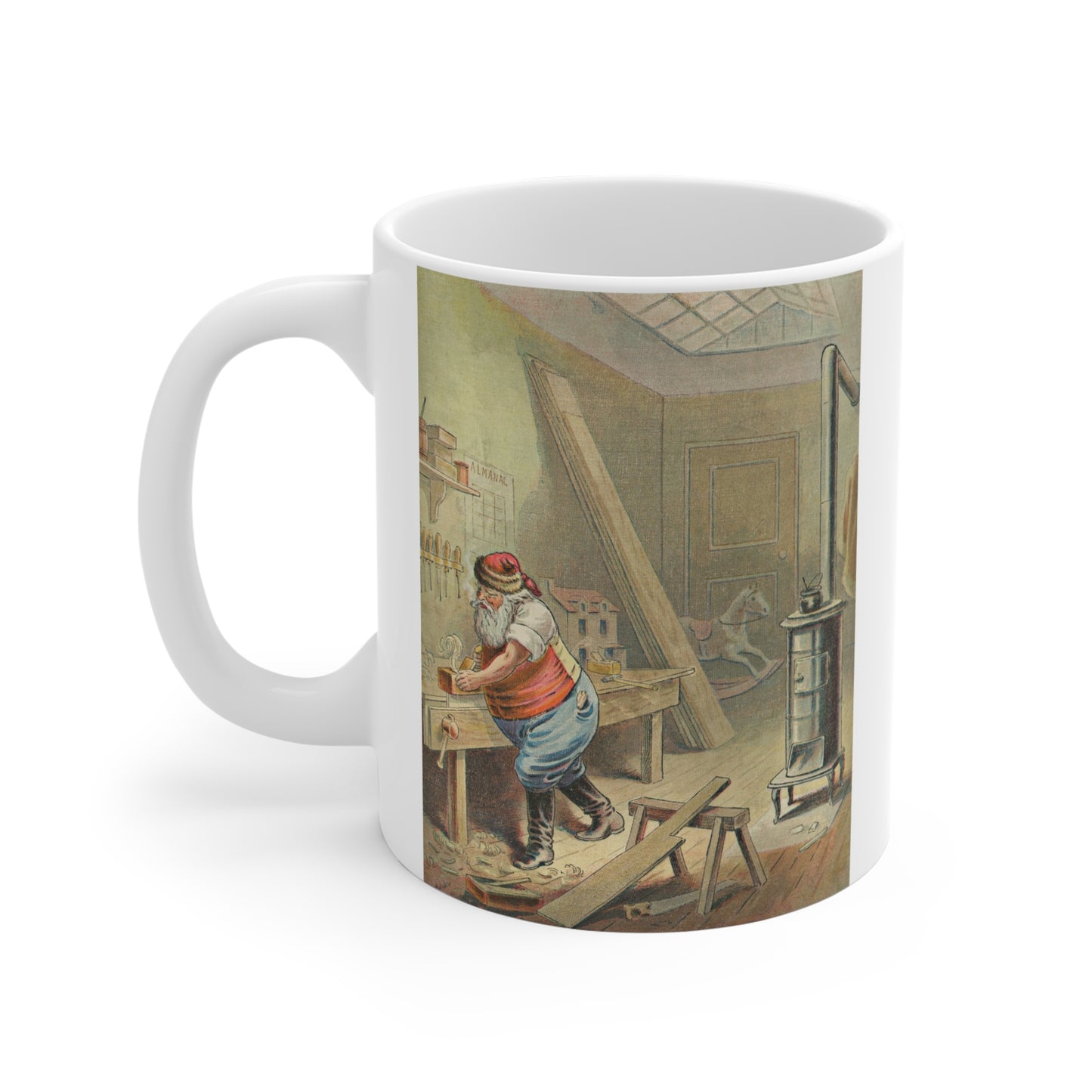 Christmas Woodworker's Shop Art Mug, Unique Gift, Santa Workshop, Cozy Drinkware, Holiday Decor, Christmas Present, Vintage Style