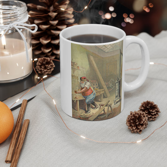 Christmas Woodworker's Shop Art Mug, Unique Gift, Santa Workshop, Cozy Drinkware, Holiday Decor, Christmas Present, Vintage Style